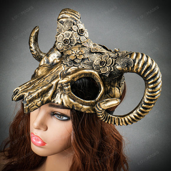 Antelope Devil Ram Horn Skull Ghost Masquerade Mask - Black Gold - Picture 5 of 9